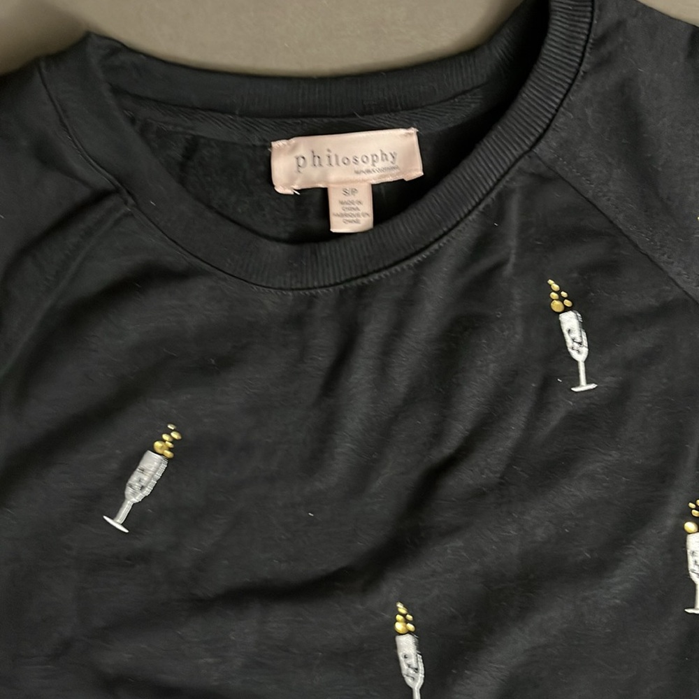 Philosophy republic clothing S/P black with champagne glass bubbles embroidered